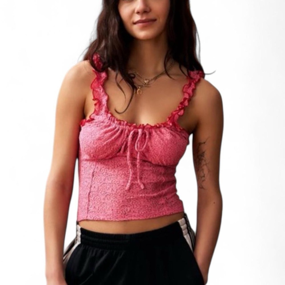 Urban Outfitters Pink and Red Lace Bustier Crop Top Size Medium